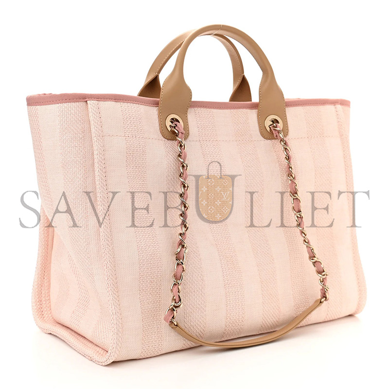 Ch**el MIXED FIBERS CALFSKIN STRIPED MEDIUM DEAUVILLE TOTE LIGHT PINK (39*30*22cm)